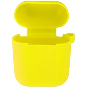 A bright yellow silicone case for AirPods, featuring an open lid and a small attachment loop.