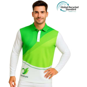 A unisex long-sleeved polo shirt featuring a green and white design, with a logo and made from recycled materials.