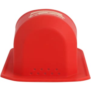A drink bottle holder in bright red with a curved design and a base featuring small holes. It has a logo.