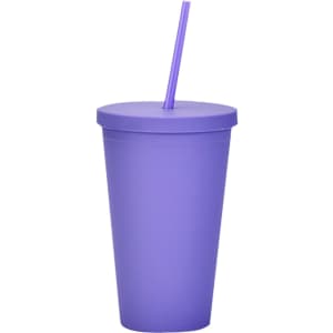 A purple 16oz matte plastic cup with a lid and straw, featuring a logo.