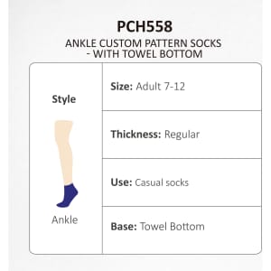 Ankle custom pattern socks in dark blue with a towel bottom, suitable for adults size 7-12. Features a logo.
