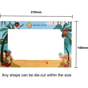 A custom-shaped fridge magnet featuring a beach scene with children playing, primarily in vibrant colours.