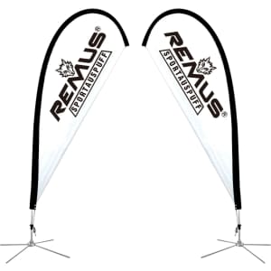 Two medium teardrop banners in white and black, featuring a logo, with a height of 13ft and a wide base.