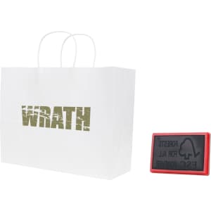 A white kraft paper bag with twisted handles, featuring a logo, alongside a rectangular black and red item.