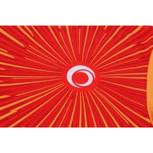 A long-sleeved shirt featuring a vibrant red and yellow design with a circular logo at the centre.