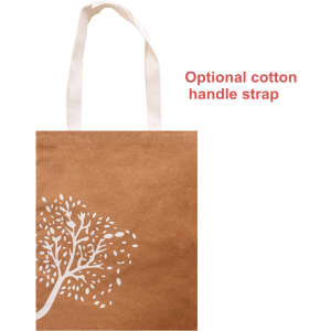A brown cork tote bag featuring a white tree design and a cotton handle strap. It also has a logo present.