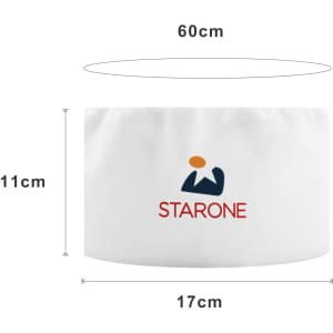 A white chef skull cap featuring a logo, measuring 60 cm in diameter and 11 cm in height.
