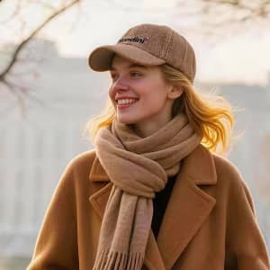 A beige lamb fur baseball cap worn by a smiling woman with blonde hair, paired with a matching scarf and coat.