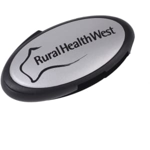 An oval swivel flash drive in silver and black, featuring a logo on its surface.