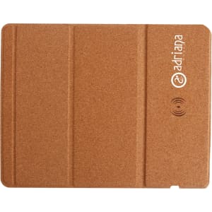 A foldable wireless charger in a light brown cork material, featuring a logo on one side.