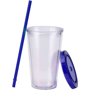A transparent plastic cup with a blue lid and straw, designed for beverages. Features a simple logo.