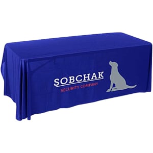 A blue 3-sided throw table cloth for a 6ft table, featuring a logo.