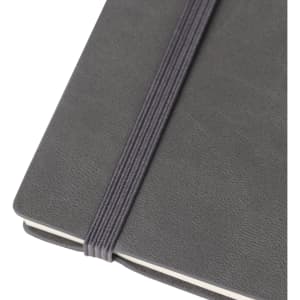 A grey PU cover notebook with an elastic band closure, featuring a textured finish.