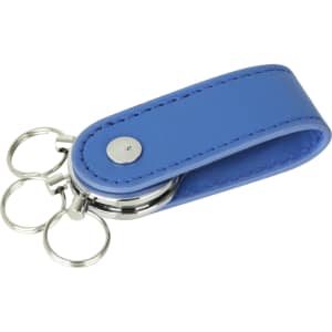 A blue PU leather swivel drive with silver keyring attachments. It features a smooth finish and a metal button.