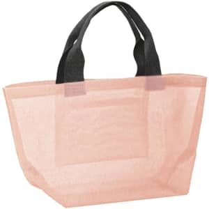 A premium small mesh beach tote bag in a soft pink colour with black handles and a logo.