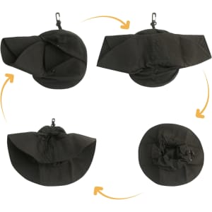 A foldable black bucket hat displayed in multiple positions, featuring a clip for easy storage.