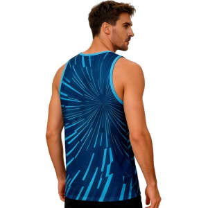 A blue polyester singlet featuring a dynamic, abstract pattern and a logo.