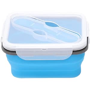 A reusable silicone food storage container in blue, featuring a clear lid and a secure closure mechanism.