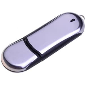 A shiny silver and black flash drive with a smooth, rounded design and a small keyring loop for attachment.
