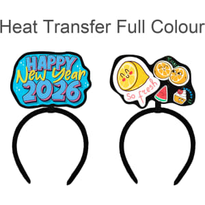 A black custom felt headband featuring colourful designs: "Happy New Year 2026" and various fruit illustrations.