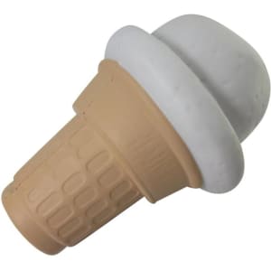 A stress reliever shaped like an ice cream cone with a brown cone and white scoop. It features a logo.