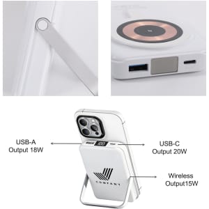 A white 10,000mAh magnetic wireless power bank with phone stand and USB ports, featuring a logo.