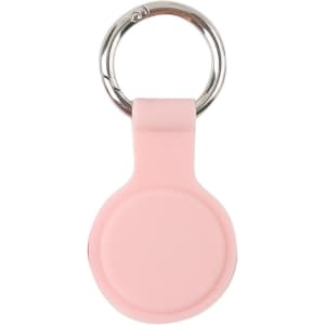 A pink Air Tag protective case with a silver keyring attached. Features a smooth, rounded design.
