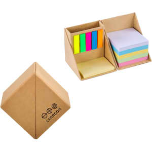 A cube-shaped memo set in brown featuring assorted sticky notes in bright colours and pastel shades.