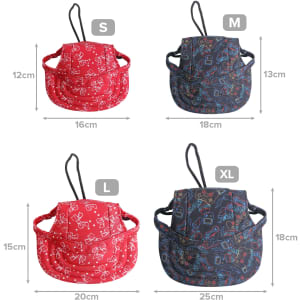 A red and navy dog baseball hat in various sizes: S, M, L, and XL, with decorative patterns. Each has a logo.