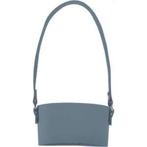 A drink bottle holder in a soft blue colour, featuring a strap and a simple design with a logo.