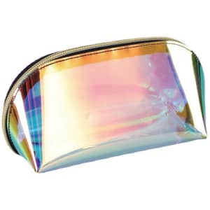 A holographic cosmetic pouch with a shiny, iridescent surface and a zip closure. It features a branding logo.