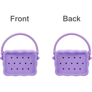 A purple silicone bag with holes, featuring a handle, displayed from both front and back views.
