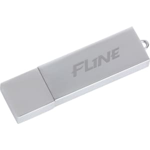 A silver flash drive with a sleek rectangular design and a branding logo on the surface.