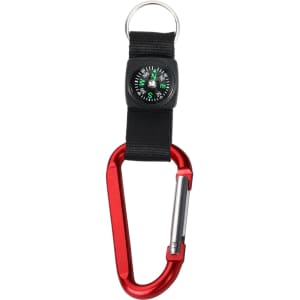 A red carabiner keychain with a black strap and a small green compass attached. It features a metallic finish.
