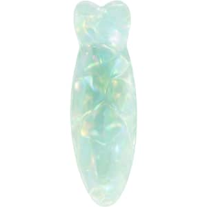 An iridescent fish-shaped hair clip in shades of pale blue and green, featuring a smooth, glossy finish.