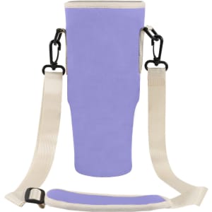 A drink bottle carrier bag in lavender with adjustable straps and a branded logo.
