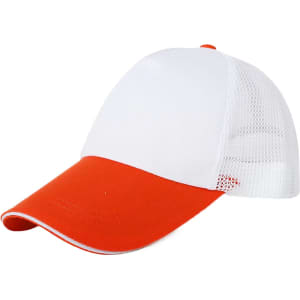 A white and orange cap featuring a mesh back and a curved peak. It has a logo on the front.