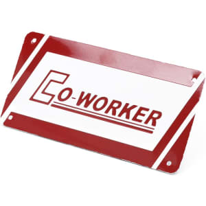 A red and white metal licence plate featuring the word "CO-WORKER" and has a logo.