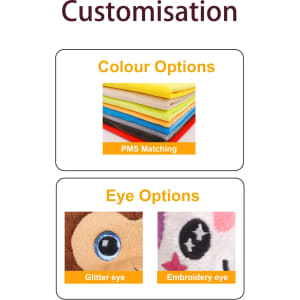 Colour swatches showing various options for customisation of plush toys, including glitter and embroidery eye choices.