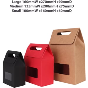 Three die cut handle bags in black, red, and kraft paper, featuring a window and varying sizes. Each has a handle for carrying.
