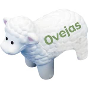 A white sheep-shaped stress reliever with textured wool pattern and black eyes. It includes a logo.