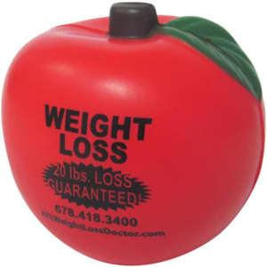 A red apple-shaped stress reliever with a green leaf and a logo on the front.
