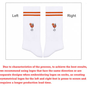 Crew Premium Digital Printed Socks in white with orange stripes and a decorative drink logo, featuring left and right designs.