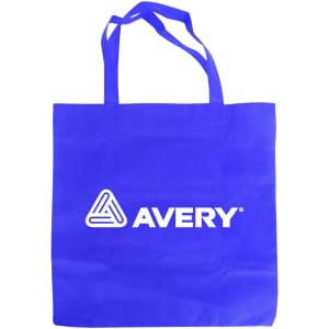 A blue non-woven foldable bag with two handles and a logo on the front.
