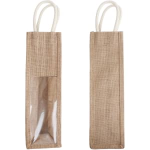 A jute wine carrier in beige with a clear window and white rope handles. Features a logo.