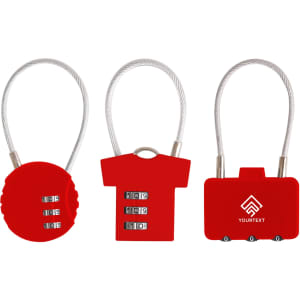 A set of three red metal coded locks with various shapes and a logo on one. Each features a combination dial.