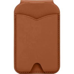 A brown PU magnetic card holder with a sleek design and a cut-out base. Features a textured surface.