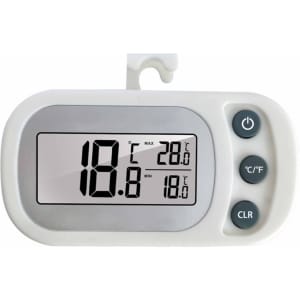A white ambient thermometer with a large digital display, showing temperature readings and buttons for settings.