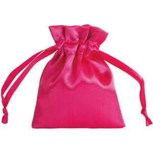A pink silk satin drawstring bag with two drawstrings at the top and a smooth surface.