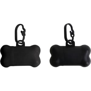 A black, bone-shaped pet waste bag dispenser with a clip for easy attachment. It features a smooth surface and rounded edges.